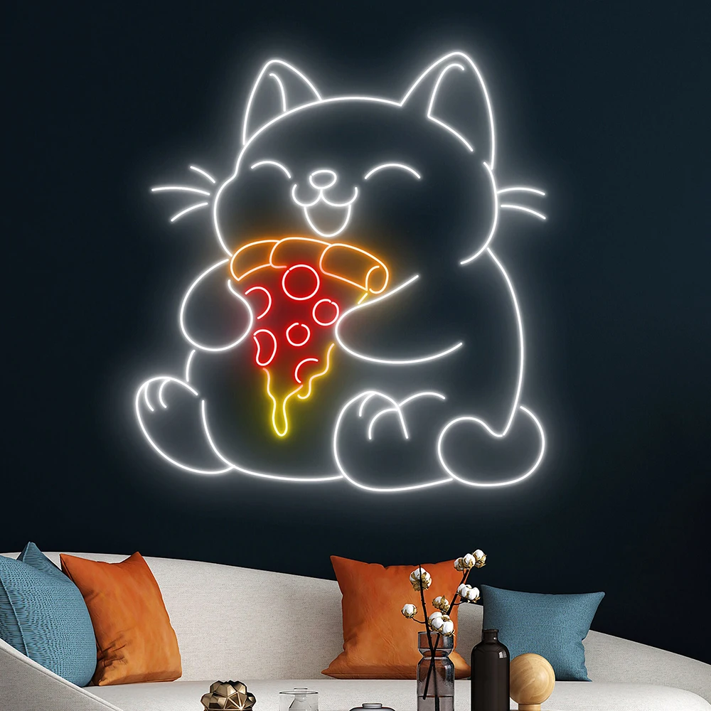 Cat Eating Pizza Neon Sign Custom Pizza Restaurant Decor Neon Pizza Shop Fast Food Store Decoration Cat Animal Neon LED Light