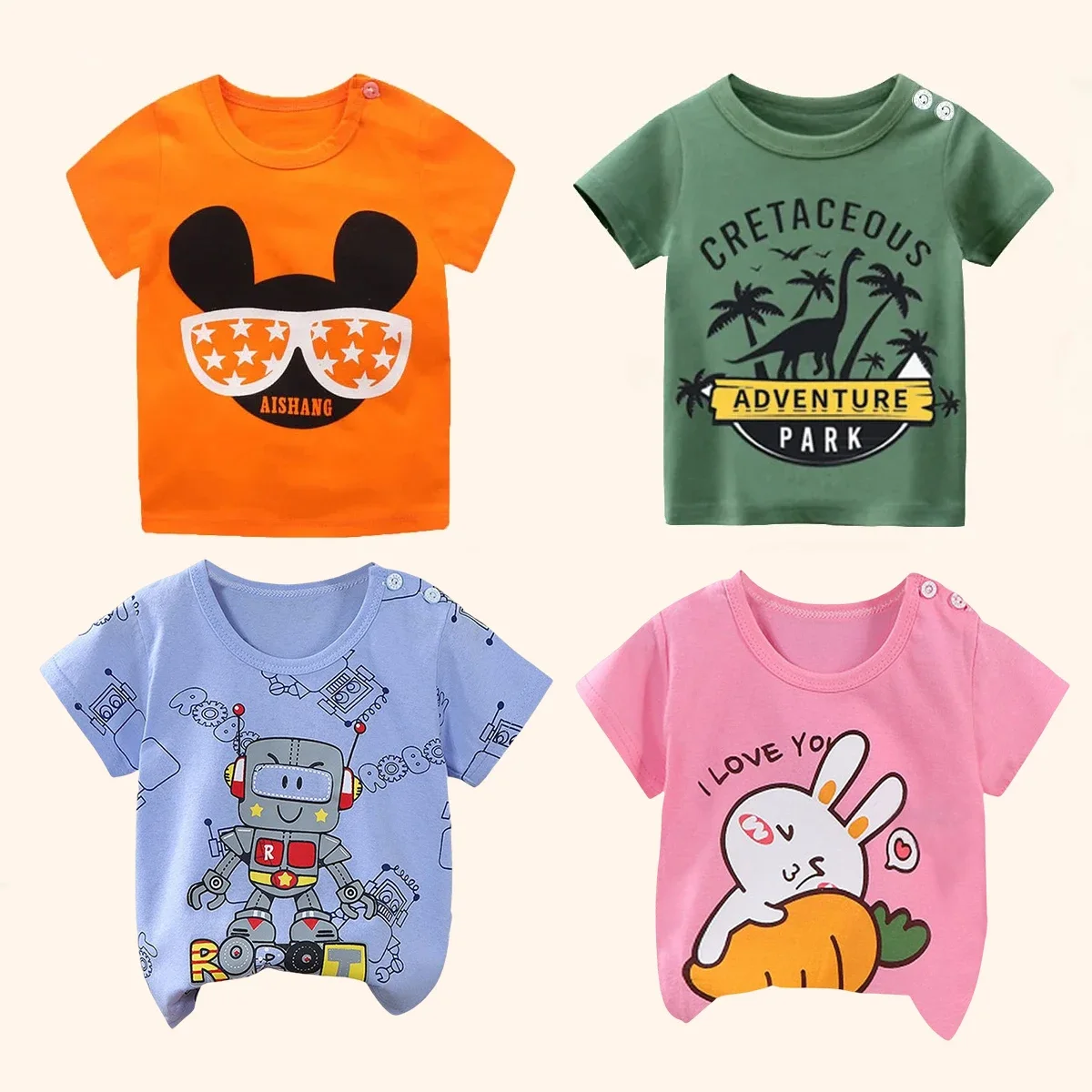 T-Shirt à Manches Courtes pour Enfant Garçon et Fille, Vêtements d\'Été, Dessin Animé, 100% Coton