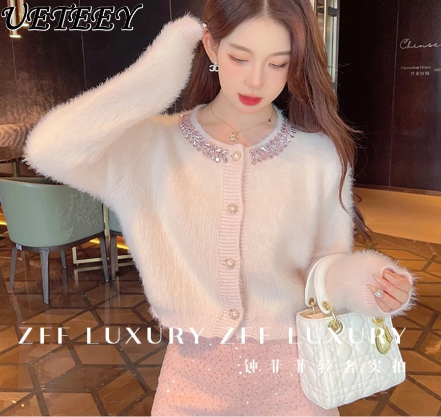 Diamond-Embedded Mink Fur High-Grade Sweater for Women Autumn and Winter New Outerwear High Texture Short Cardigan Coat