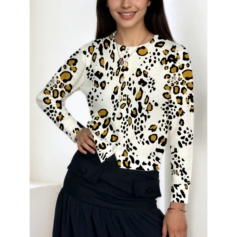 

Vintage Leopard Print Sexy Pattern Women's Sweater Cardigan Thickened Loose Round Neck Long Sleeve Button Autumn Winter Outdoor