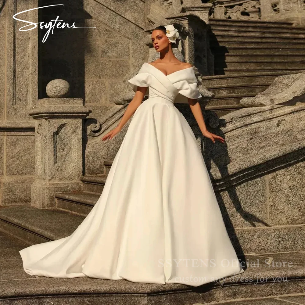 

SSYTENS Elegant Satin Wedding Dresses A-Line Pleats Bridal Gowns Backless Sleeveless Royal Train Princess Bride Dress Customized