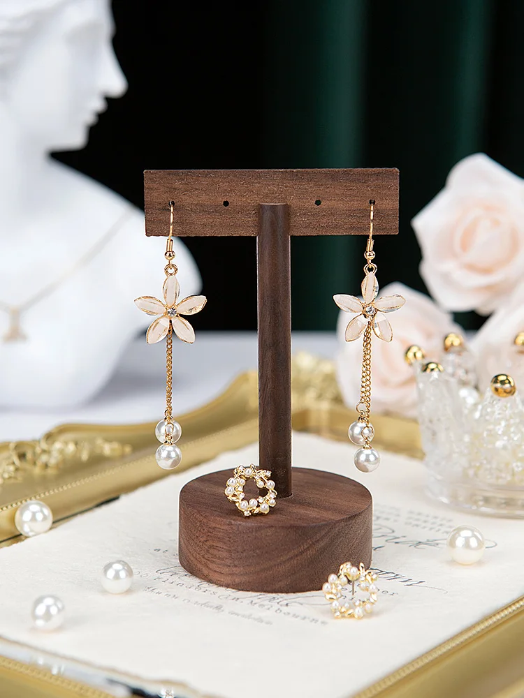 Wooden Minimalist Earring Display Stand Box T-shaped Earring Display Rack Jewelry Organizing Props Walnut Wood Case