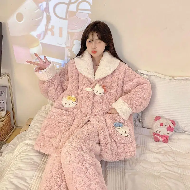 Sanrio Flannel Flip Collar Thickening Three Layer Cotton Pajama Set Kawaii Hello Kitty Comic Girl Winter Keep Warm Home Clothes