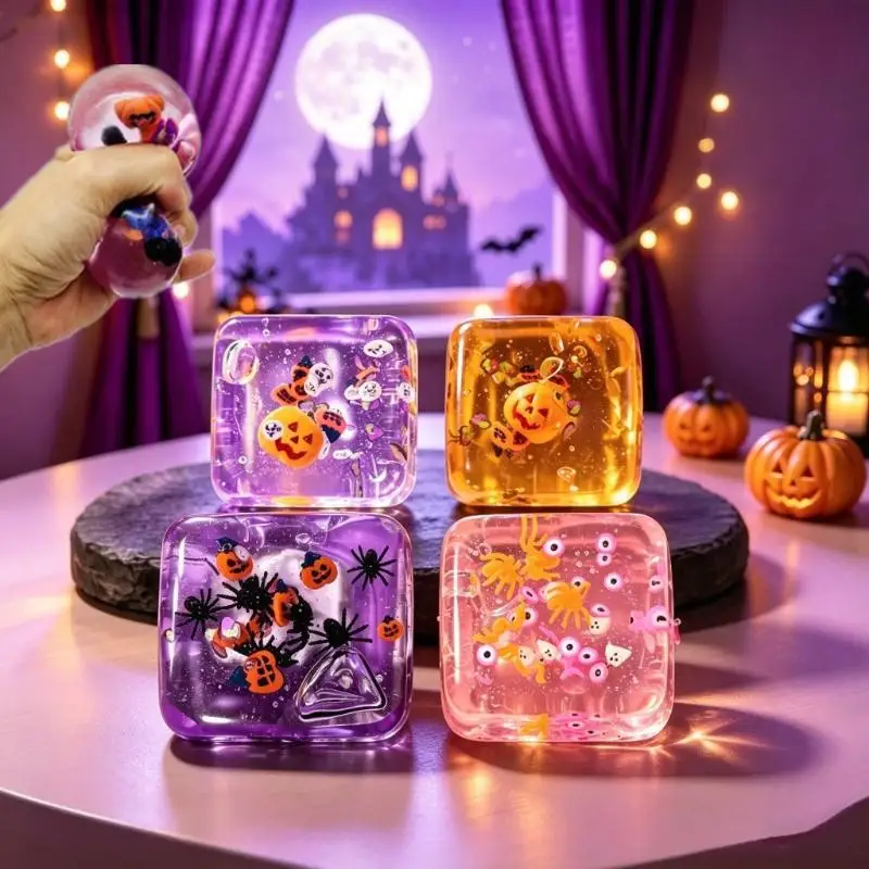Halloween Toy Transparent Cube Squeeze Fidget Toy Ghost Pumpkin Santa Snowman Stress Relief Toy Party Gift