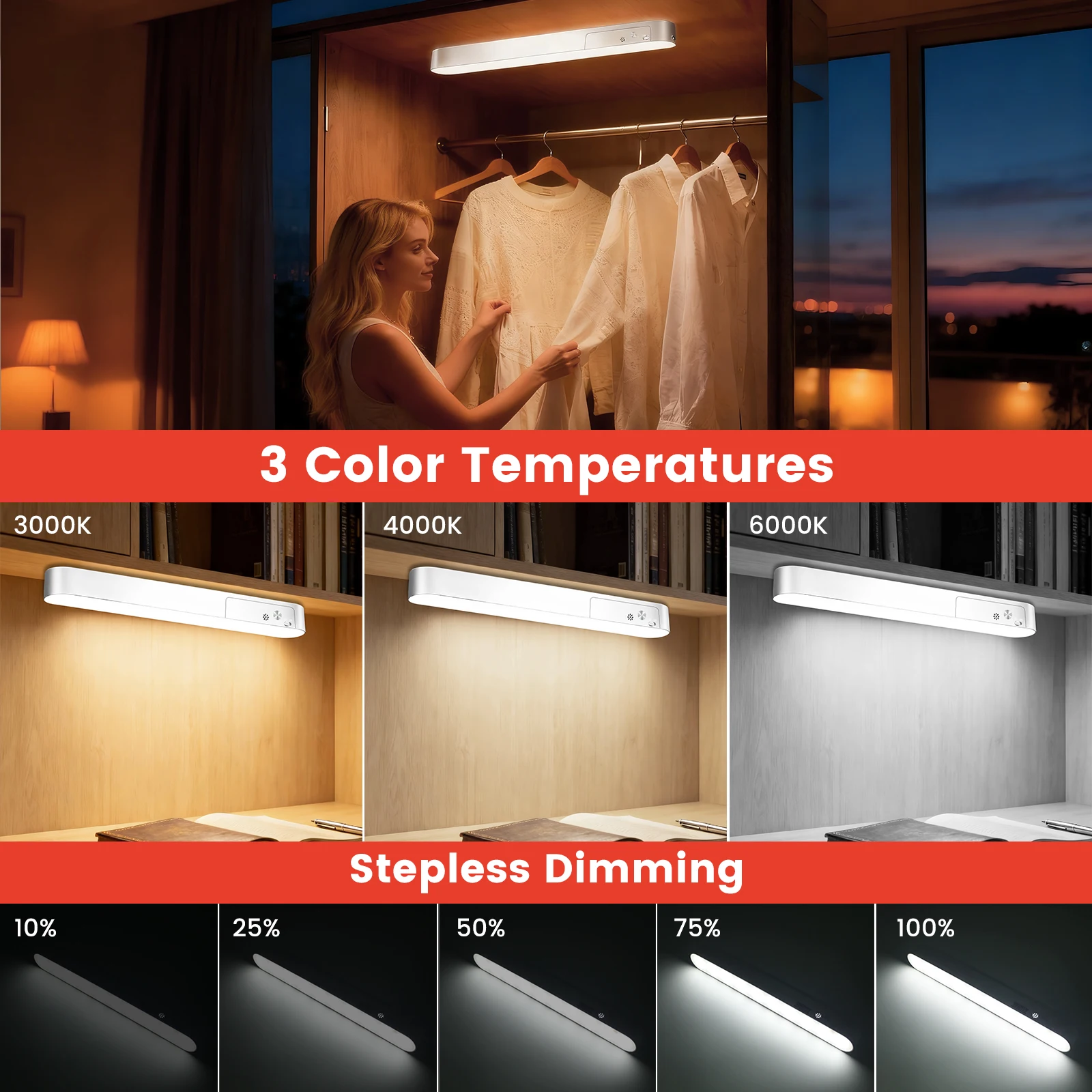 USB 5V Magnetic 3-Color Temperature Dimmerable LED Cabinet Lamp Type-C Plug-in Warm/Natural/Cool White Wall Light