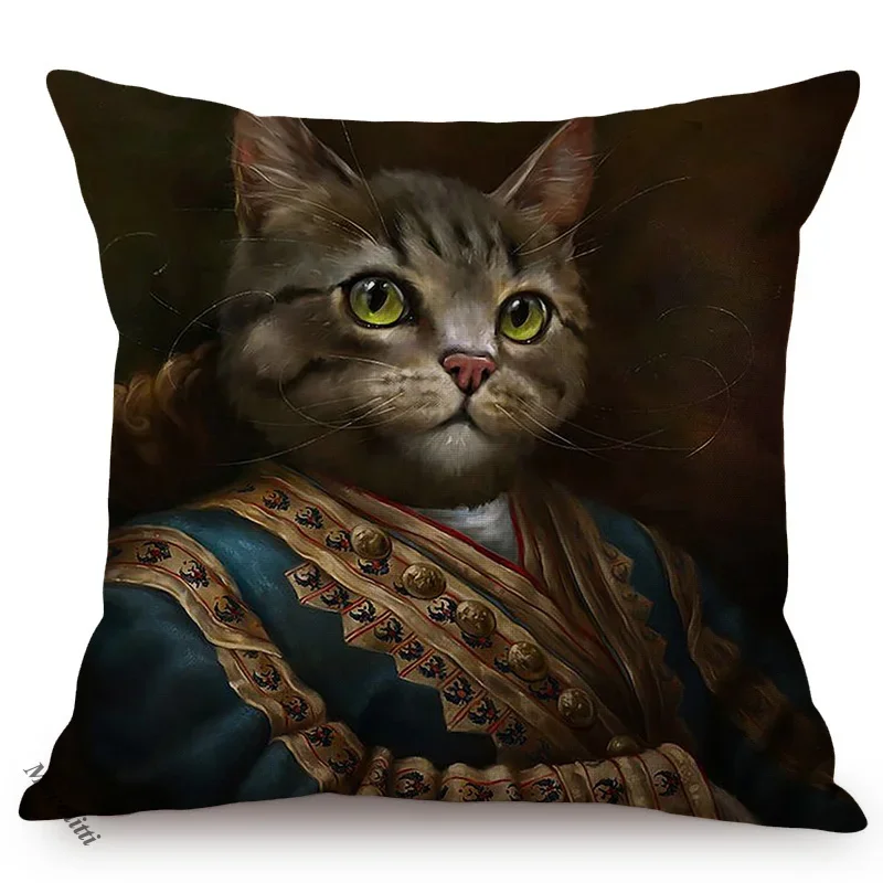 Cat Funky Animal Portrait Europe Renaissance Oil Painting Posters Style Decorative Throw Pillow Cases Linen Sofa Cushion Cover