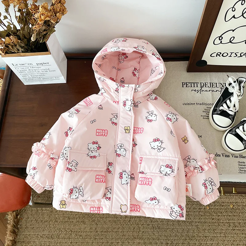 Hello Kittys Sanrios Girl Quilted Coat Autumn Winter Anime New Plus Velvet Thicken Removable Kawaii Cartoon Outdoor Jacket