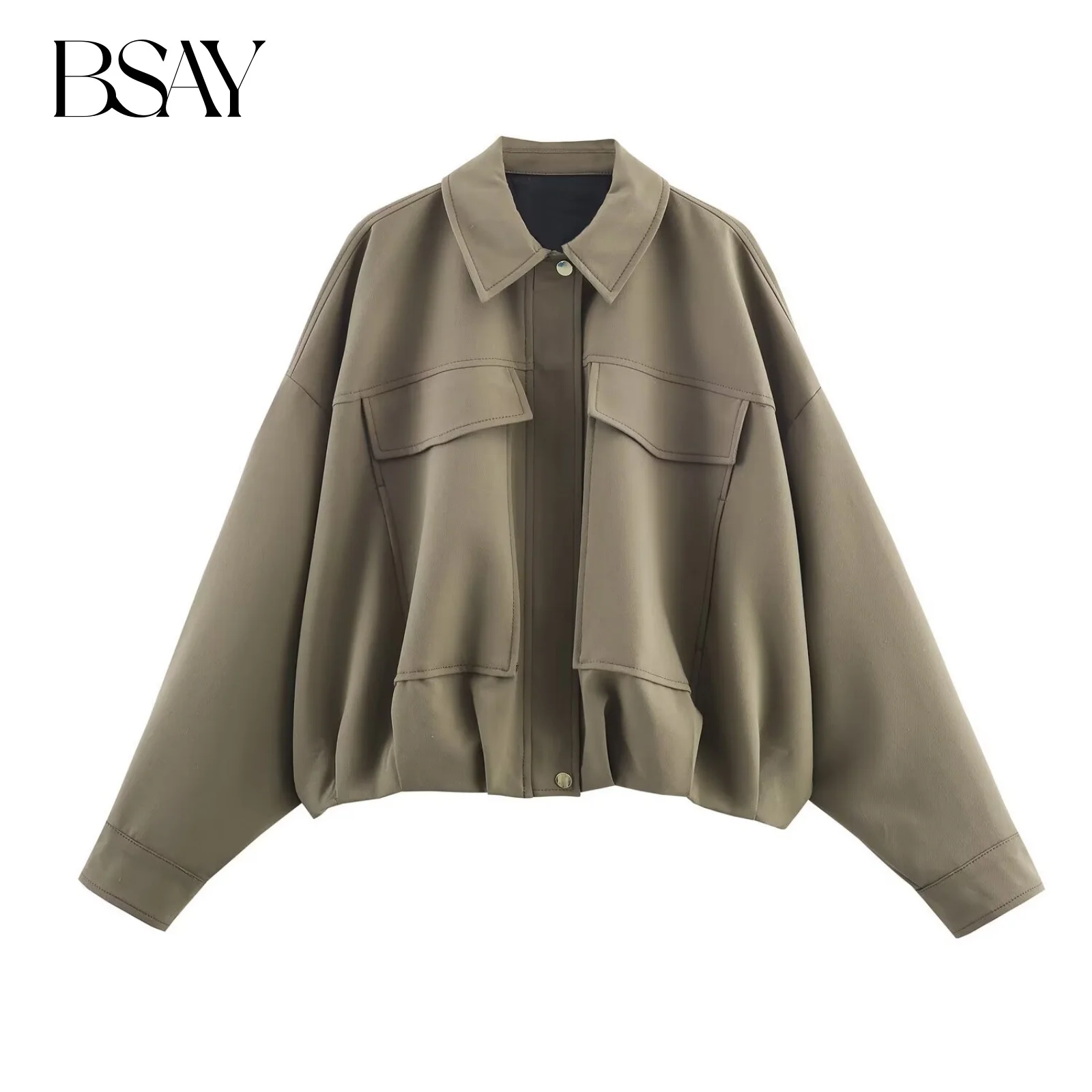 

Куртка-бомбер BSAY со складками по краю, женская одежда, осень 2022, новая шикарная верхняя одежда, пальто оверсайз с большими карманами и лацканами, длинными рукавами