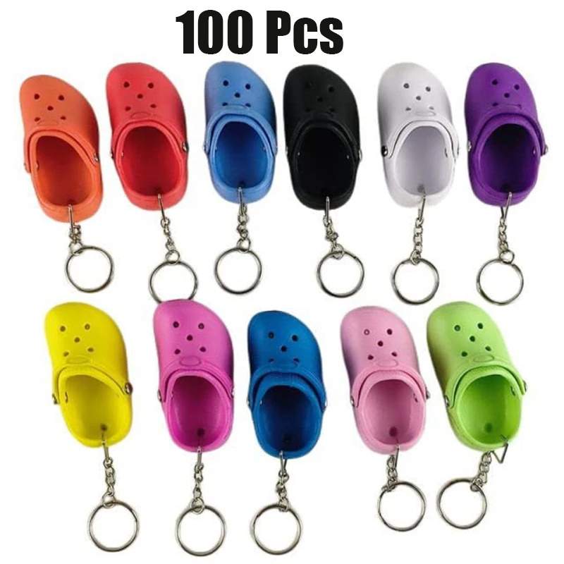100Pcs Mini Retro Clog Shoe Key Ring Adorable Tiny Hole Slipper Charm Car Key Decoration Backpack Zipper Accessory