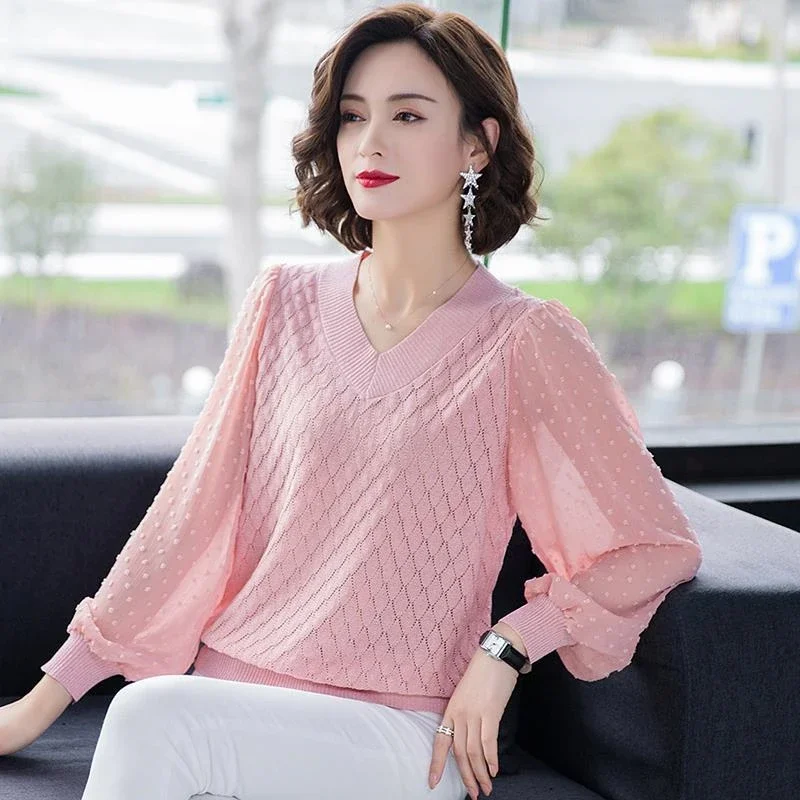 Koreaanse Stijl Uitgehold Gebreide Pullover Vrouwen Losse Lantaarnmouwen Tops Herfst Korte Trui Chique Effen Tee Office Lady E244