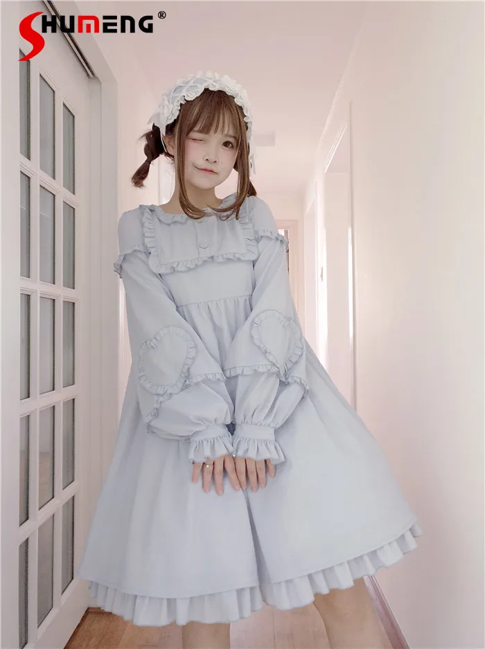 Elegante Mori Mädchen Rüschen Spleißen Puppe Kragen Liebe Langarm Hohe Taille A-linie Retro Süße