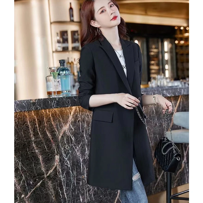 Women Long Blazers Spring Autumn 2023 Korean Office Lady Graceful Solid Suit Jackets Fashion Joker Overcoat New Workwear Female