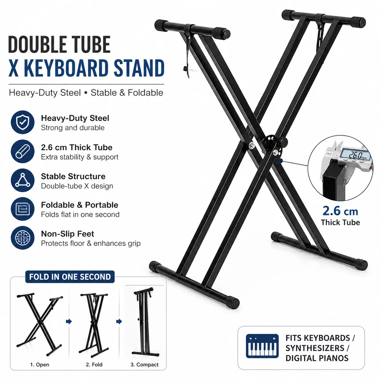 2.6cm Thick Dual Bar X Frame Piano Support Rack Foldable Compact Metal Mount For Electronic Synthesizer