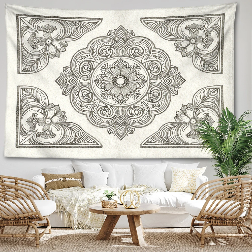 Monochrome Mandala Floral Printed Tapestry Wall Hanging Bohemian Style Bedroom Home Decor