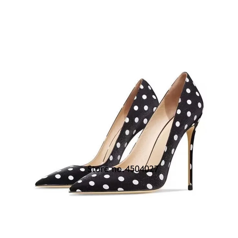 Black White Polka Dots Women Stiletto High Heels 12cm 10cm 8cm Pointed Toe Chic Ladies Dress Shoes Slip-on Shallow Pumps