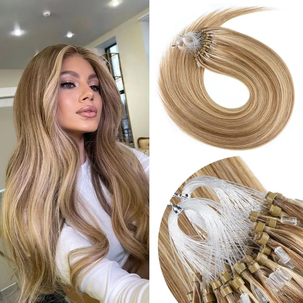 

Premium 100% Human Hair Micro Loop Ring Extensions Straight Weft Professional With Micro Silicone Rings All Colors 1B/4/27/613