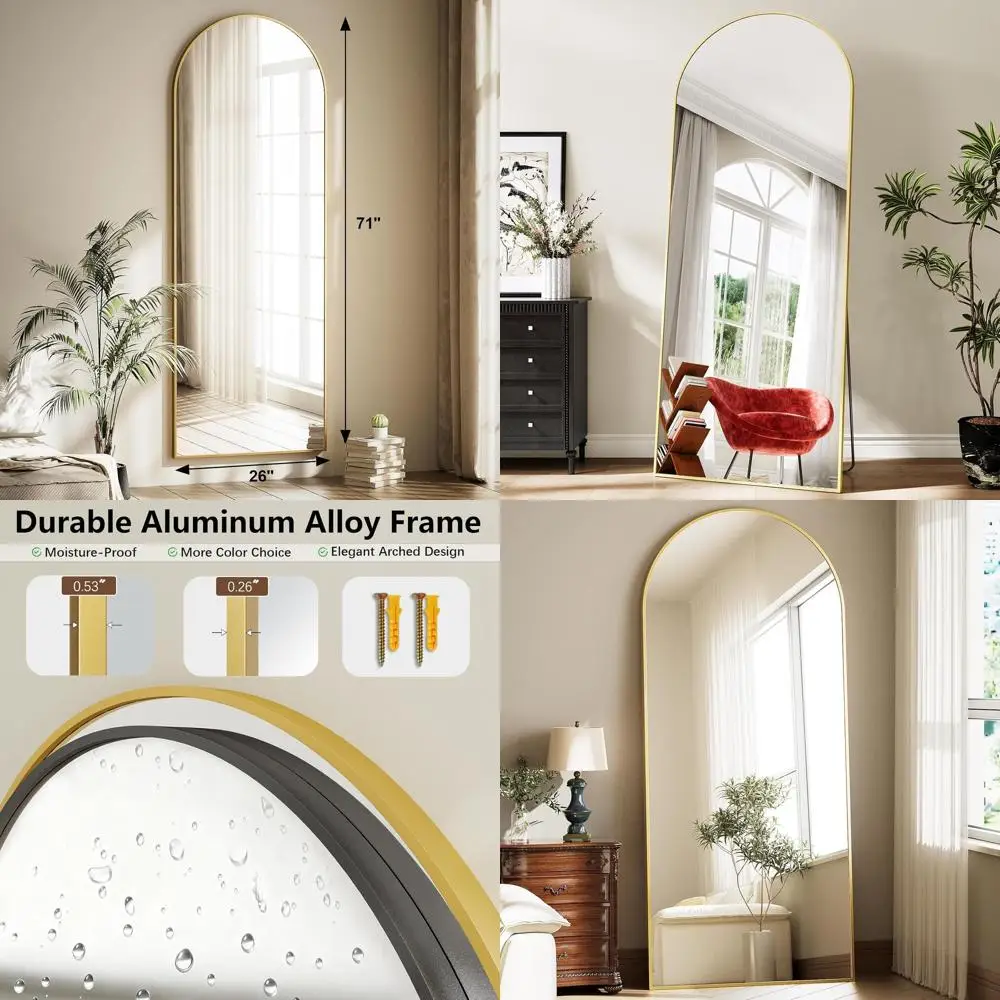 

Arched Full-Length Mirror with Stand, Aluminum Frame, Wall-Mounted or Leaning, Ideal for Home Decor