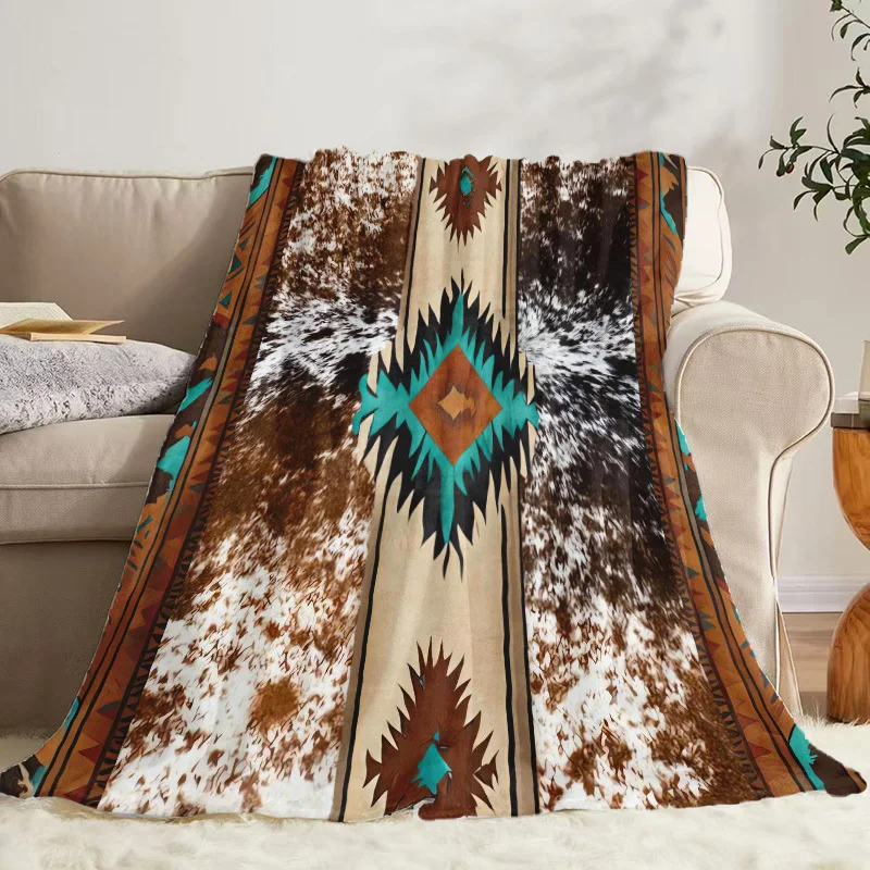 2D Flat Printing, 1pc Vintage Tribal Style Throw Blanket/Cover, Faux Leather Texture Diamond Geometric Totem Pattern Nap Blanket