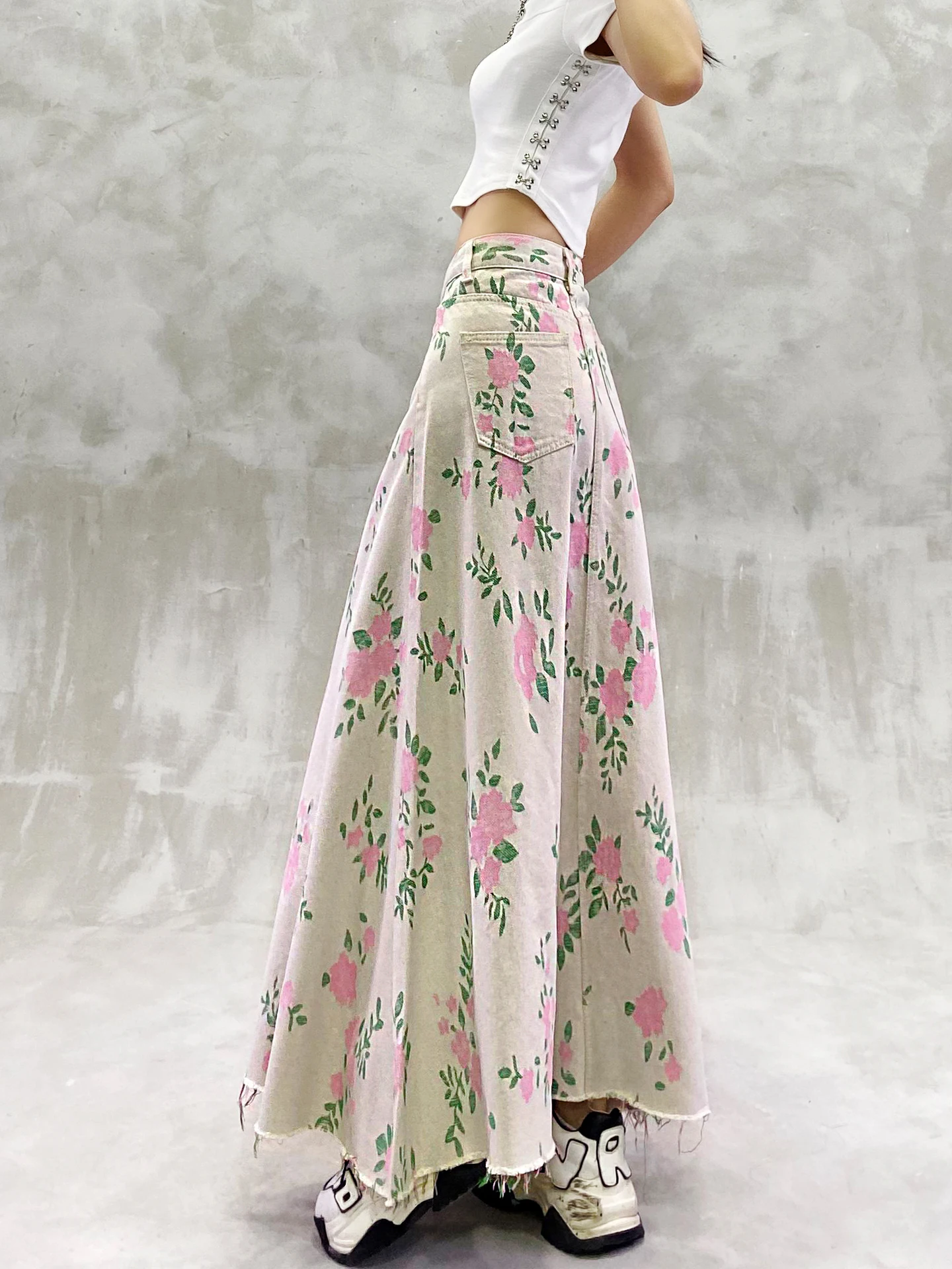 TIYIHAILEY New Vintage Long Maxi Women High Waist Spring Summer Denim Lady Printed Skirt With Pockets Ladies A-line