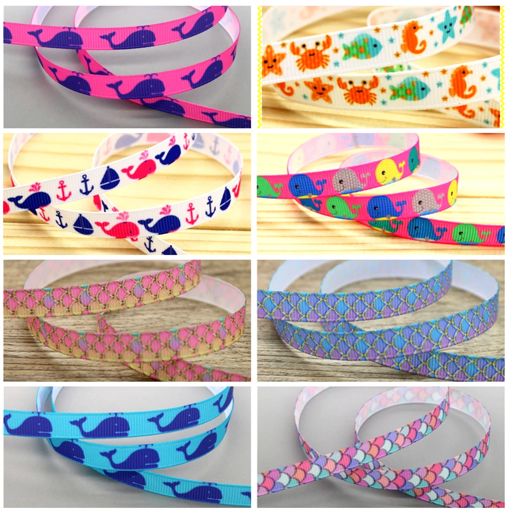 DHK 3/8'' 5yards Marine Animals Whale Fish Scales Printed Grosgrain Ribbon Accessory Hairbow Headwear DIY Decoration 9mm C1589