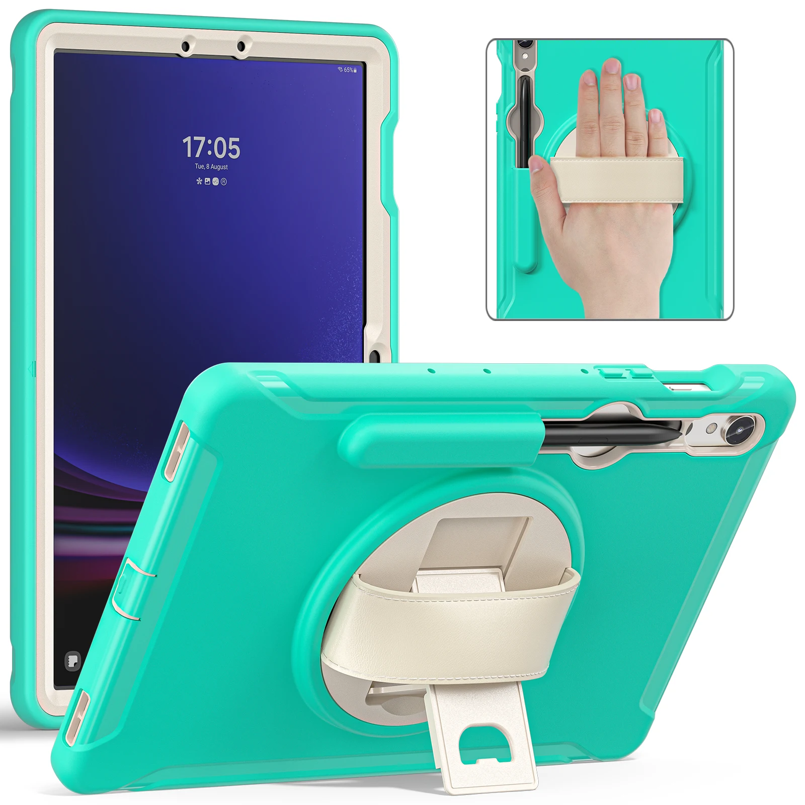 

For Samsung Galaxy Tab S9 FE / S7 T870 / S8 X700 / S9 X710 Case PC+TPU Kickstand Tablet Cover with Pen Slot - Mint Green