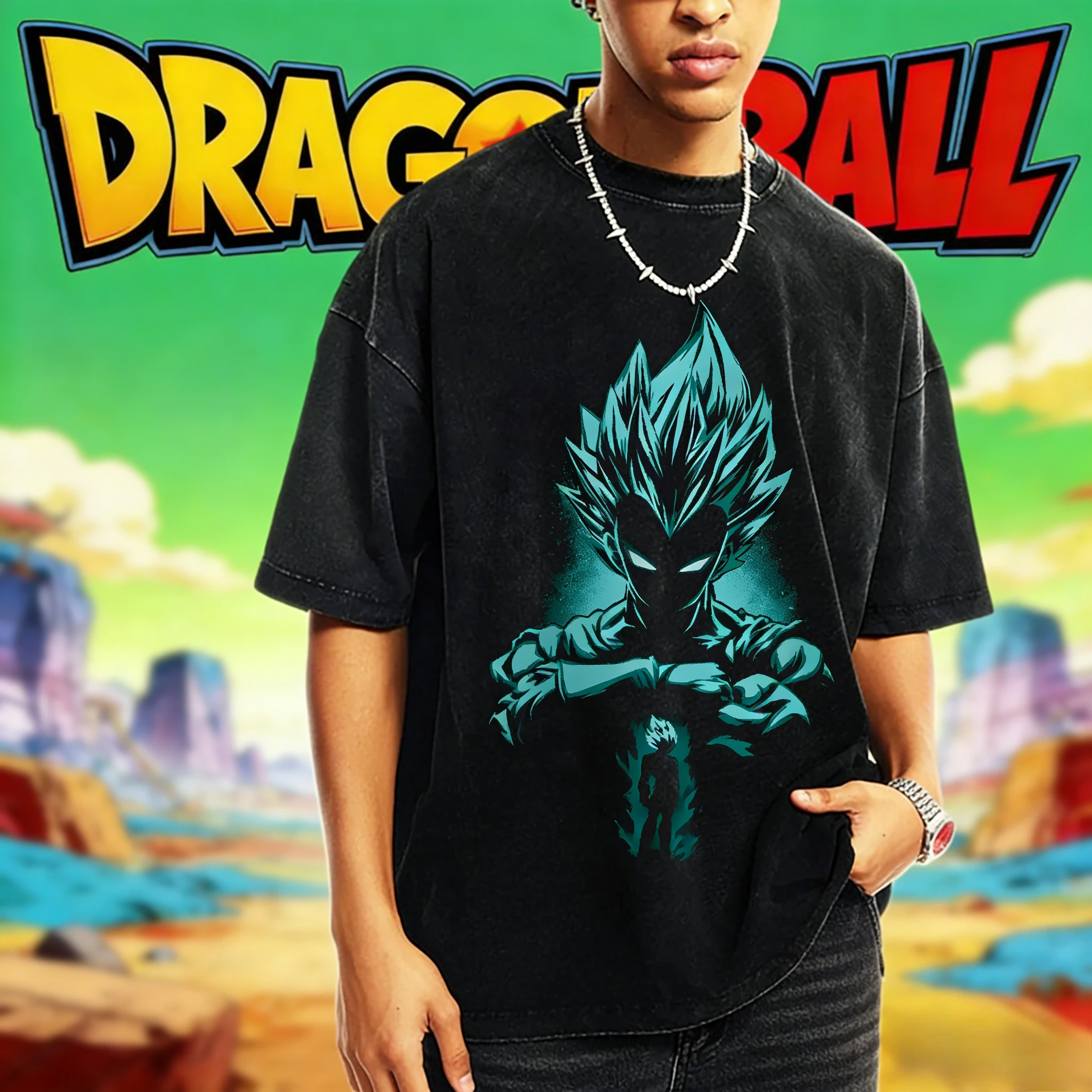 Dragon Ball Sun Wukong Super Blue Silhouette Camiseta lavada retro Estilo gótico Old Loose Street Mangas cortas para hombres y mujeres