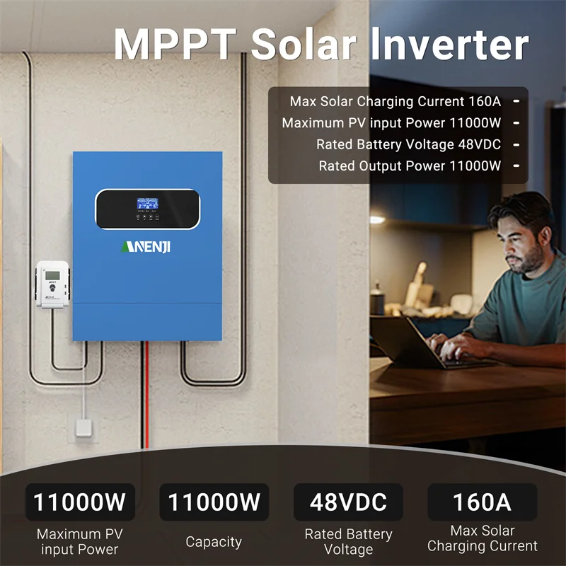 ANENJI 11KW 48V Hybrid Solar Inverter On/Off Grid MPPT 220VAC 500V PV Input LiFePO4 Support for Solar Panel Home Appliance