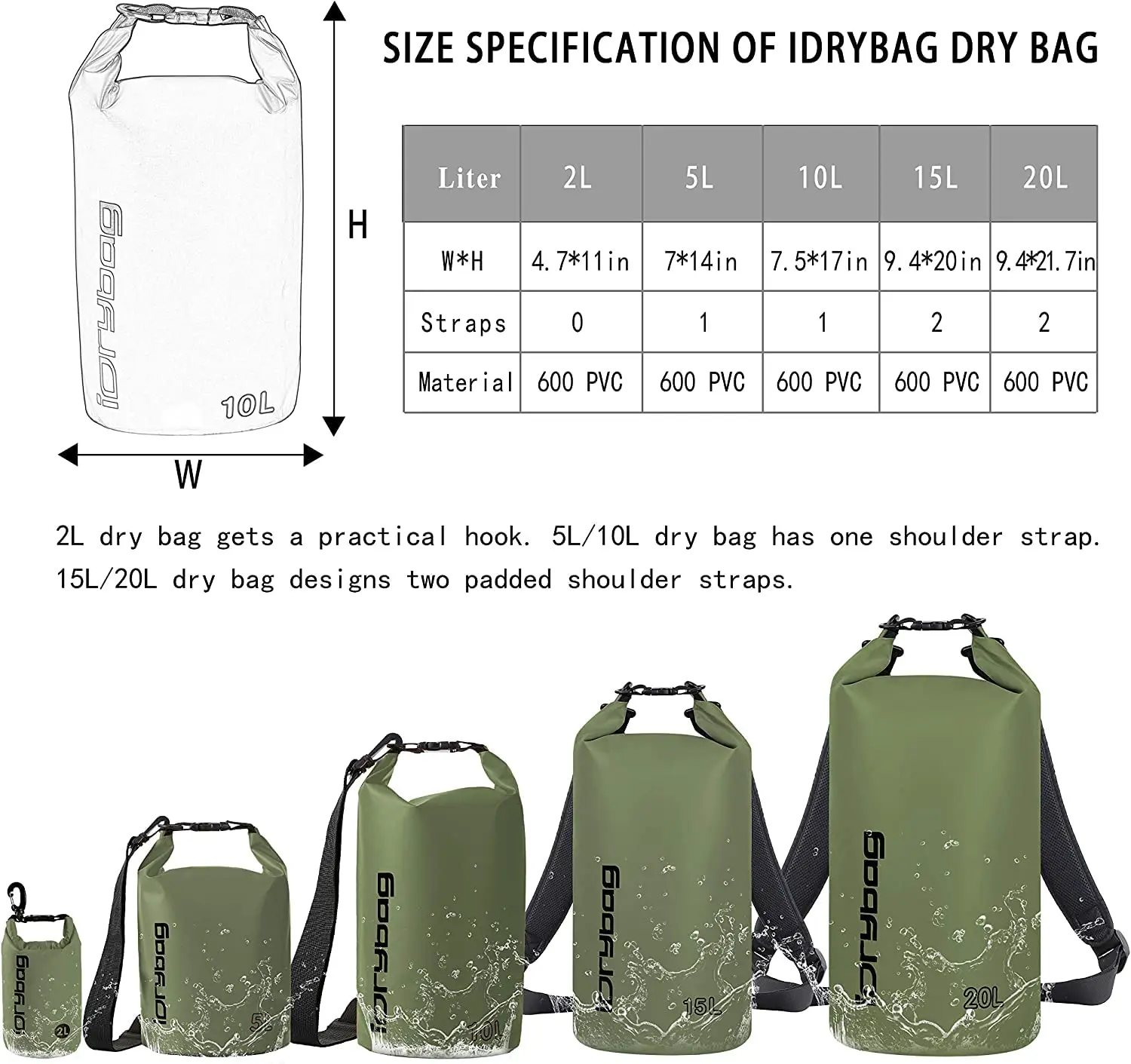 IDrybag Waterproof Dry Bag for Women Men2L/5L/10L PVC Dry Bags Waterproof for Swimming Kayaking Boating Waterproof Bag image 3
