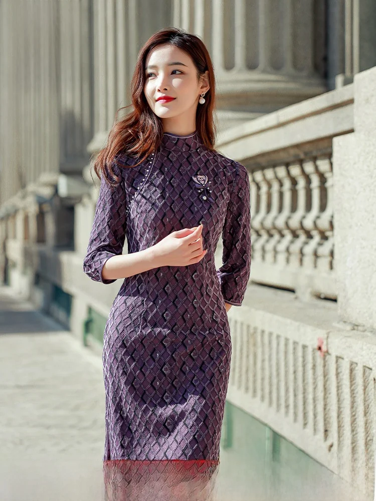 

Новое женское платье-ципао Ele Red Face Du Ru: весеннее, с розовыми пуговицами, кружевом, в китайском стиле, легкое, с низким разрезом