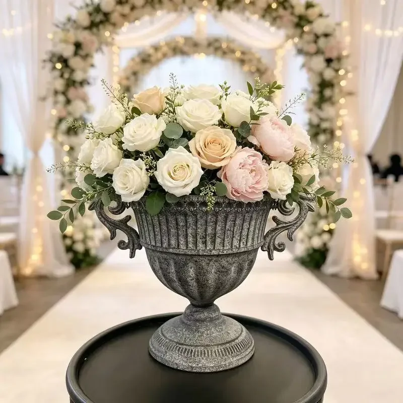 Jarrón de flores retro  doble asa estilo trofeo romano, urna floral  hierro fundido, maceta  hierro hortícola, decoración
