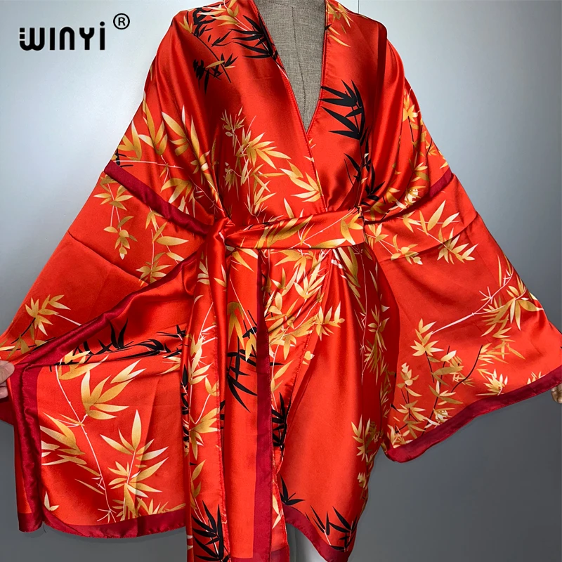 WINYI new kimono beach outfits women Swim Suit Cover up boho Cardigan stitch Self Belt Holiday long Sleeve coat holiday kaftan