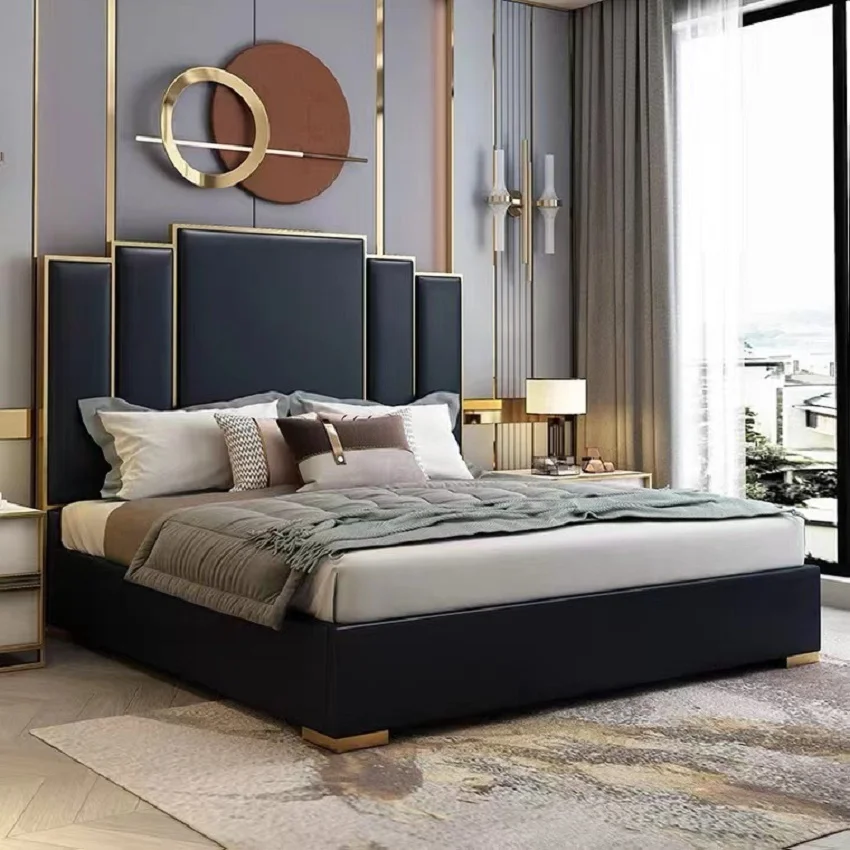 

Luxury technology cloth bed Modern simple high back leather metal storage double marriage bed Master bedroom 1.8 solid wood bed