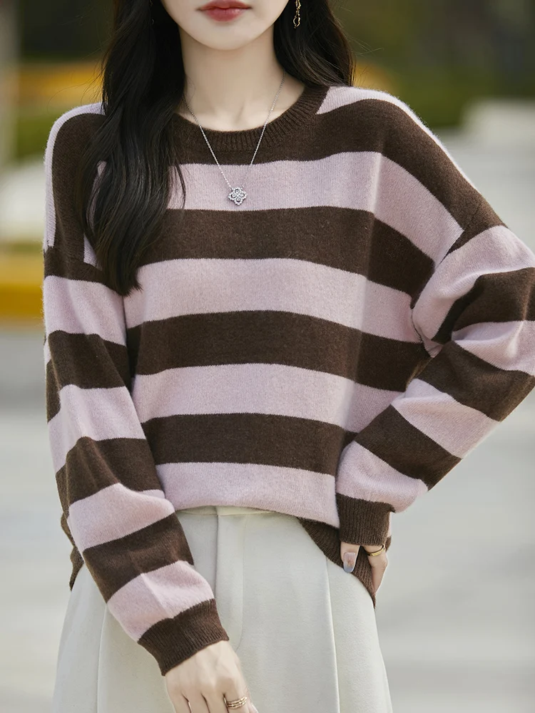 

Autumn Winter Women 100% Merino Wool Stripes Knitwear Pullover Sweater Clashing Color Cashmere Sweater Fashion Basic Long Sleeve