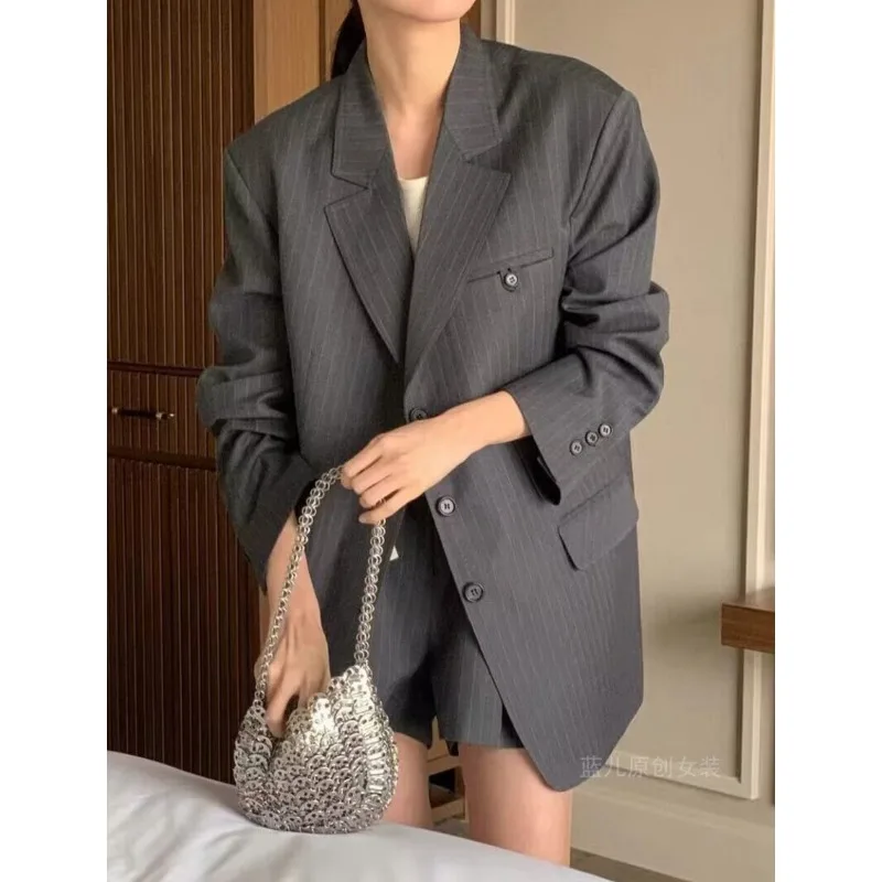 Women Pinstripe Blazer Oversized Loose Single Breasted Pocket Suit Jacket Korean Vintage Spring Autumn Office Casual Outerwear
