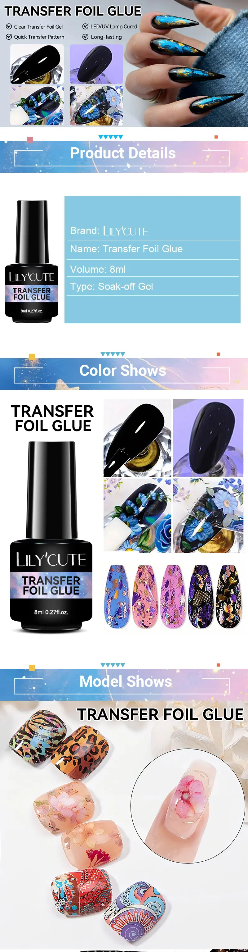 LILYCUTE 8ML Transferfolienkleber für Sternennägel, semi-permanenter Lack für selbstklebende Aufkleber, Nagelkleber, Soak Off UV-LED-Gel-Nagel – Detail 1