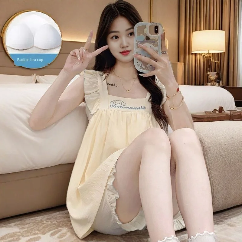 

Хлопковая ночная рубашка Sanrio Cinnamoroll, летняя пижама, женская одежда для сна, шорты с завязками на шее, пижама с милым мультяшным принтом, домашняя одежда