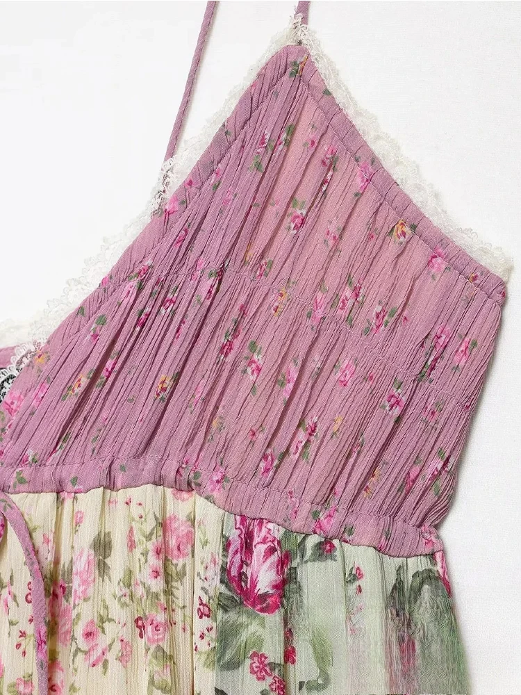 Sukienka damska KONDALA Beach Chic, patchworkowa, kwiatowa, bez rękawów, długa, prosta, typu vestidos, modna, elegancka sukienka w stylu boho na jesień 2025.