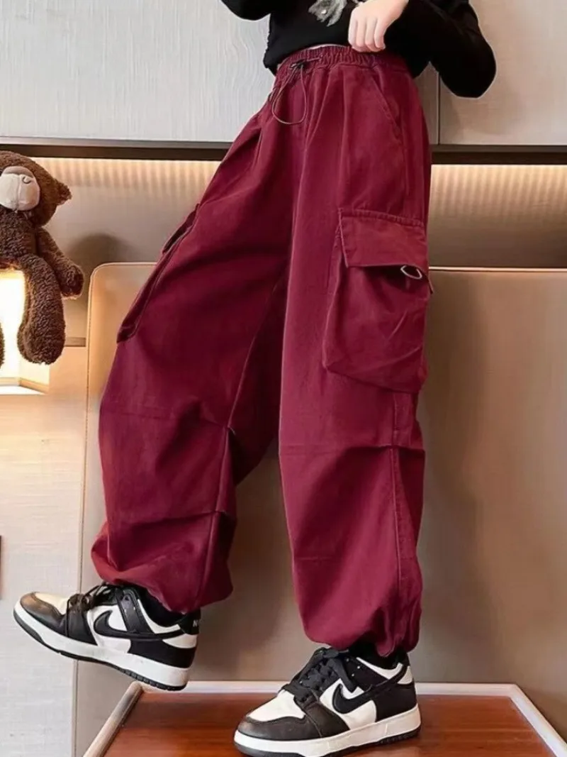 Mädchen Cargo-Hosen für Alter 5-12 Frühling Streetwear Tanzhosen mit Verstellbarem Bund Mehrere Taschen Kinder Utility-Hosen