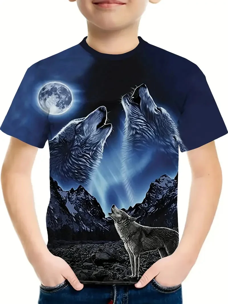 2024 Retro Wolf 3d Print Top Tee Shirt Fashion T Shirt Animal Kids Boy Clothes Anime Short Sleeve Casual Odzież dziecięca