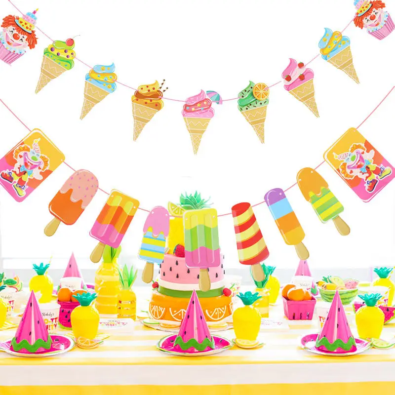 Hawaiian Hanging Ornaments for Summer Parties Decor Set - Tropical Ice Cream & Popsicle Paper Streamers for Window Display