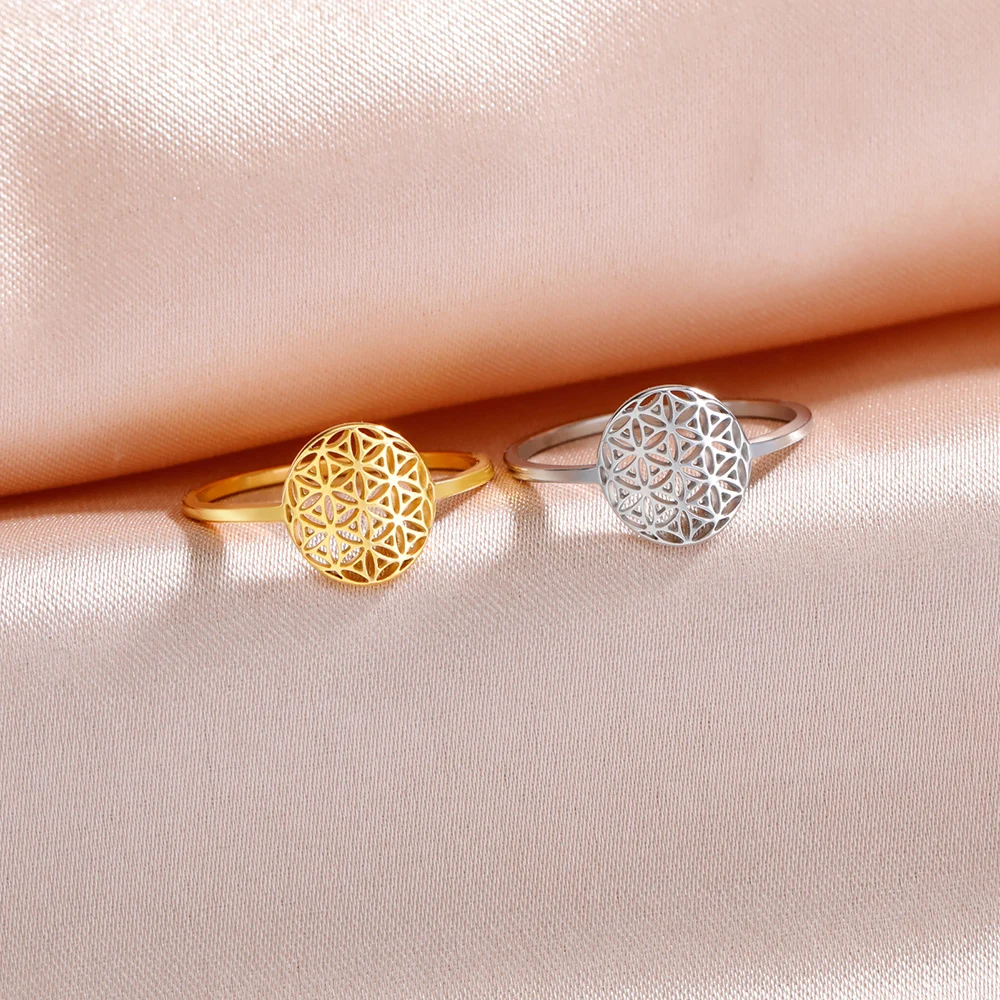 Dawapara Flower of Life Rings for Women Stainless Steel Wedding Band Sacred Geometry Spiritual Amulet Fashion Jewelry Wholesale