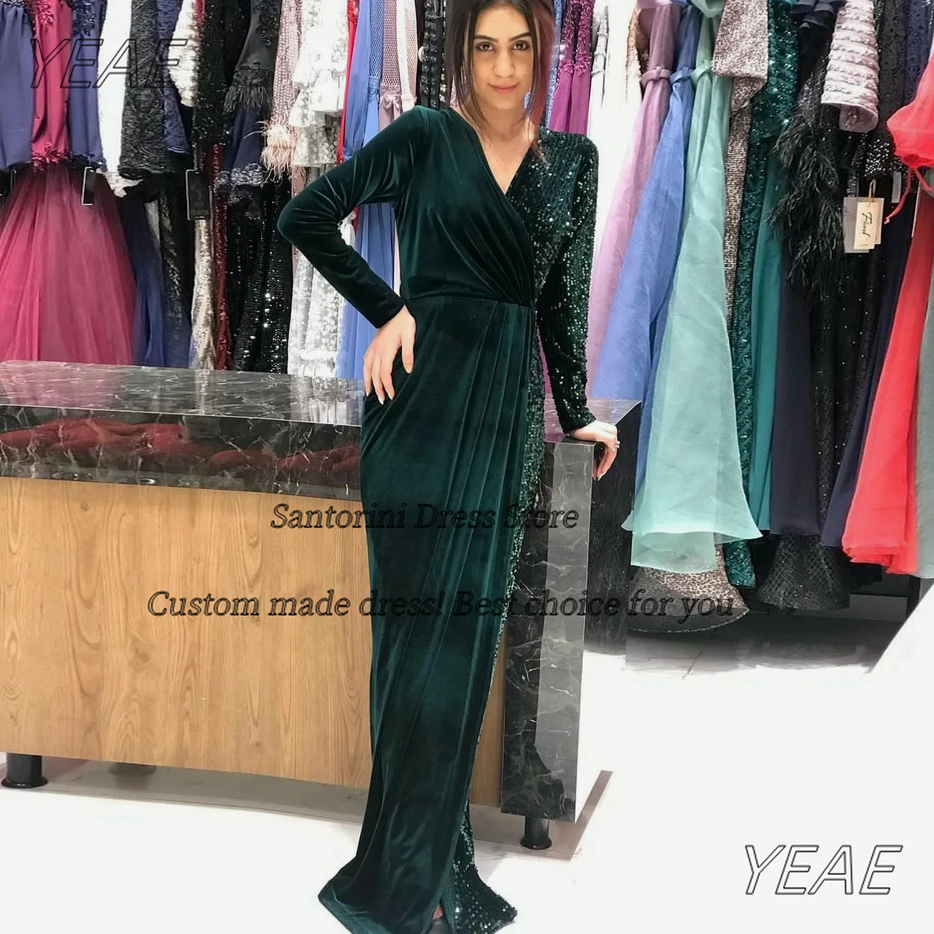 

Santorini Customized Sequins&Velour Evening Dresses V Neck Long Sleeves Formal Occasion Dress Zipper Back Prom Party Gowns