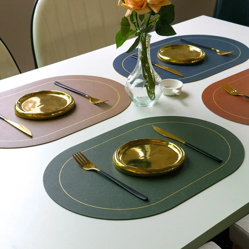 6/4pcs Two Color Leather Placmat Double Sided PU Gold Border Dining Table Decor Mat Light Luxury Insulation Coffee Coasters