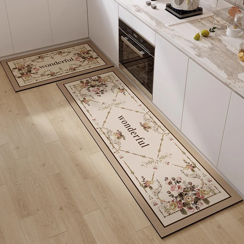 

Washable Non-slip Kitchen Rug Pvc Leather Waterproof Anti-slip Floor Mat Long Rugs Oil-proof Foot Mats Pink Flower Home Carpet