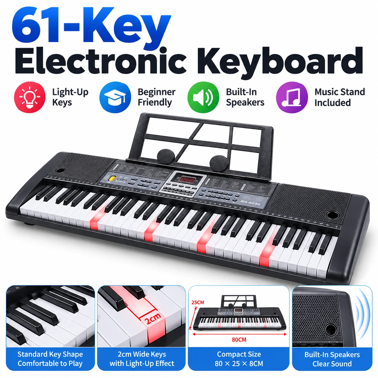 61‑Key Light Up Electronic Keyboard Piano, Standard 2cm Keys Digital Synthesizer Musical Instrument for Kids Beginners