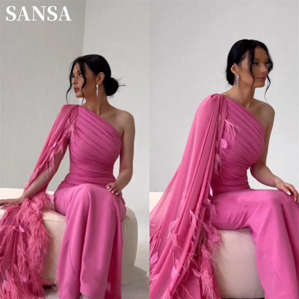 

Sansa Luxury Feather Sleeve Prom Dress Sexy One Shoulder Mermaid Vestidos De Noche Sweet Pink Cape Sleeve فساتين سهره فاخره