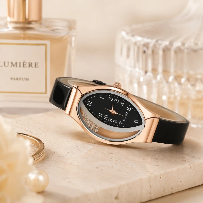 Fashion Oval Women's Quartz Watch Luxury Rhinestone PU Leather Strap Analog Ladies Wristwatch Women Elegant Dress Jewelry Gift