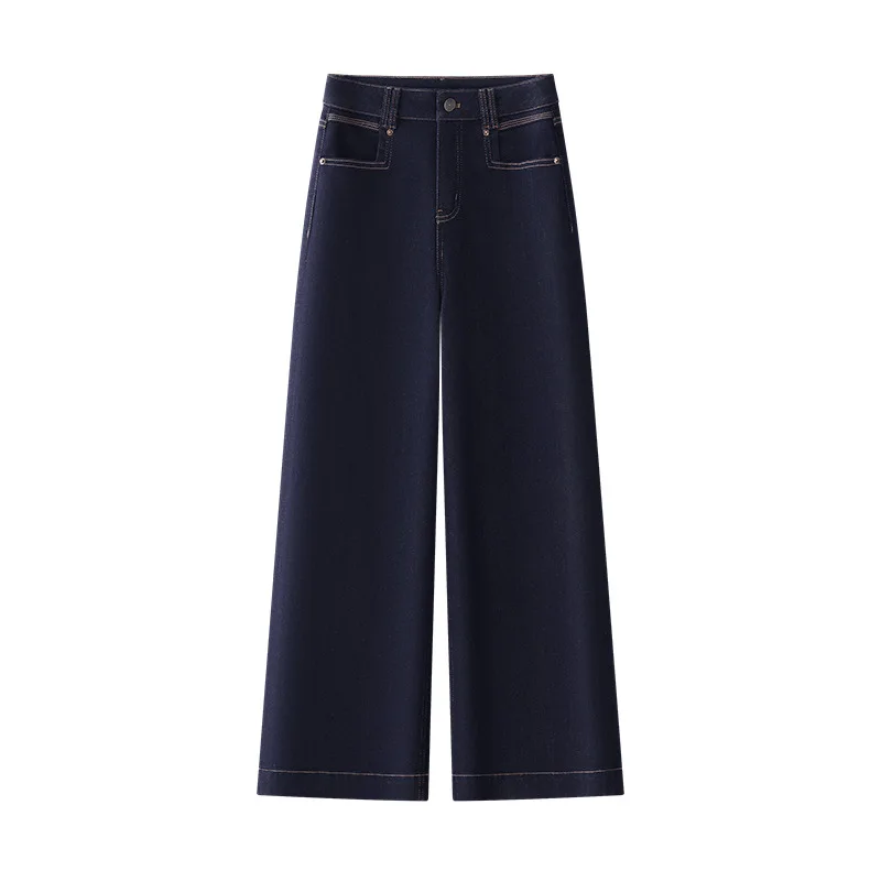 Ciemnoniebieskie modne jeansy damskie, jesienne nowości, wysoki stan, luźne, elastyczne, proste spodnie o szerokich nogawkach dla niskich kobiet, styl casual.