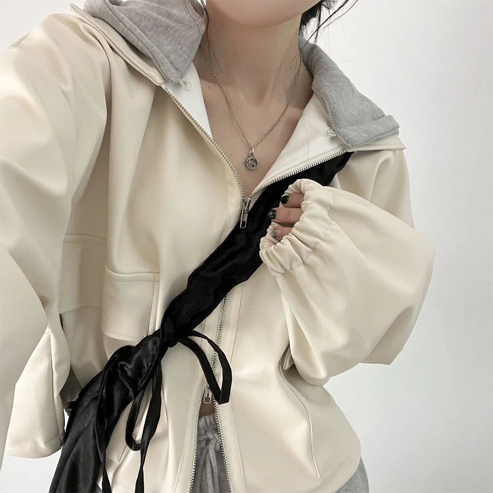 أنيقة ort مقنعين المرقعة السائق Jaet المرأة Sli ملابس خارجية معطف جلد f عالية الياقة طويلة Sve سستة إغلاق #3