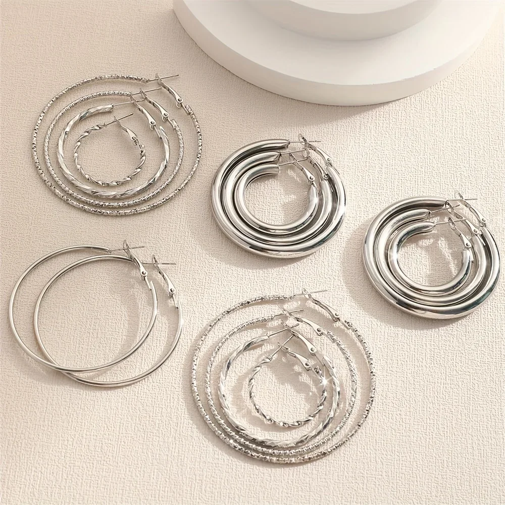 8 Pairs Set Of Hoop Earrings Alloy Jewelry Elegant Simple Style For Women  Daily Wear Delicate Set Gifts image 5